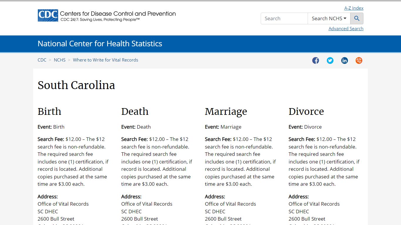 Where to Write for Vital Records - South Carolina
